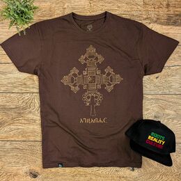 Tričko s Etiopským křížem እግዚአብሔር - hnědé